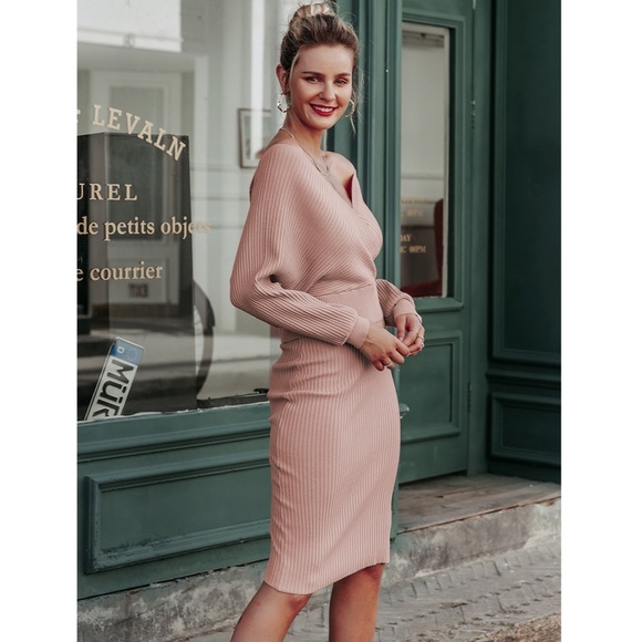 2 Piece Dress Rib Knit Midi V-Neck in Mocha Brown - Picture 3 of 10